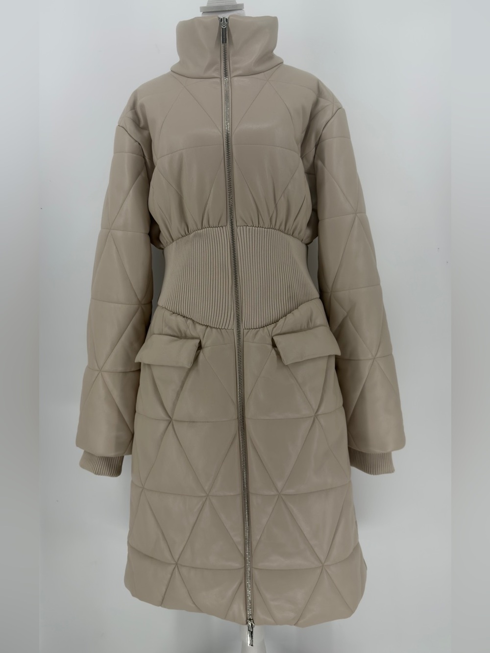 Manière De Voir Quilted Faux Leather Corset Waist Longline Puffer Coat US 12